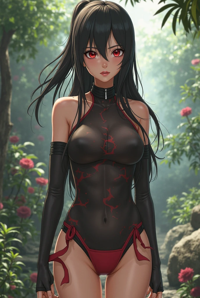 (woman): "(sexy young vampire woman standing in a forest(( creepy and scary vampire pose, big vampire fangs)), dirty blood on clothes, firm breasts, glowing red eyes, crop top torn and torn into pieces,  can be seen through the torn black tunic that covers 30% of the body, very thin and light black tunic, breasts can be seen, long hair, black hair, navel, medium and firm breasts, 1 vampire girl looking (16 years old), bangs, bright pupils, blood around the mouth, inviting gesture, hungry expression,
(symmetric face), (detailed outfit), (placing hand on chest), hair curly,  pale skin, sacred symbol

(background):  outdoors, forest, trees, nature, (((fog)))), (dangerous environment)

(effects): (masterpiece), (best quality), (sharp focus), (depth of field), (high resolution), ((all intricate and realistic details)), nsfw, sin censura