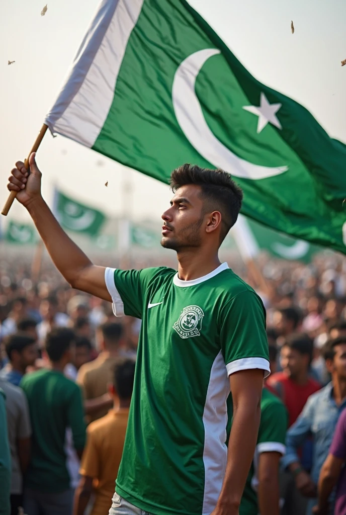 Happy Independence Day 14 August 2024 is written on big flag of Pakistan and a 35-year-old boy is standing in front of him wearing Army T-shirt, with name "ASAD" written on t shirt, and army man tomatch holding the Pakistani flag in his hand, 3D art painting realistic high quality photo
