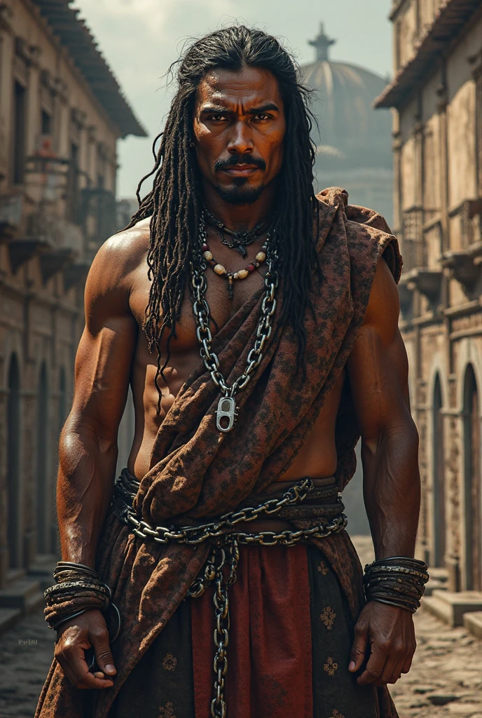 A tall, muscular tanned boy in his 20s, clean shaved, Shirtless, curly very short black hair, sweaty and ragged attire, G-string, standing in a rustic village setting, high detail, realistic, dynamic lighting, portrait, character design, cinematic atmosphere, masterpiece .