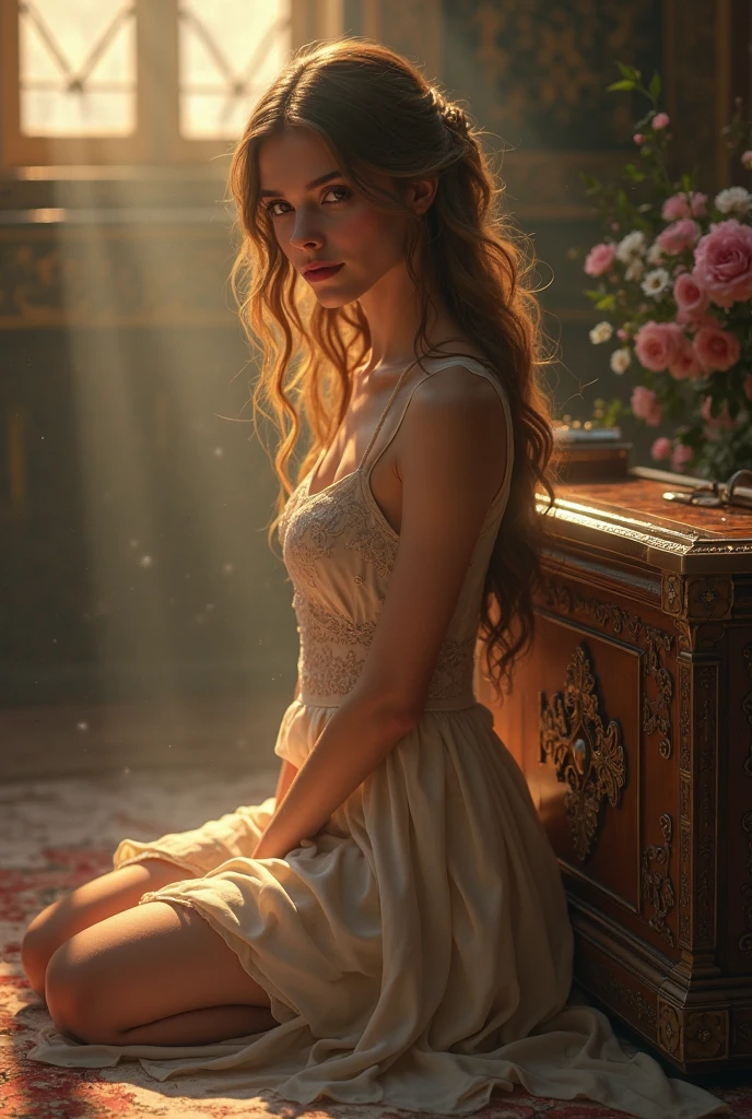 (Gorgeous woman posing crouching with captivating posture) dans un cadre enchanteur, with soft light and a magical atmosphere.