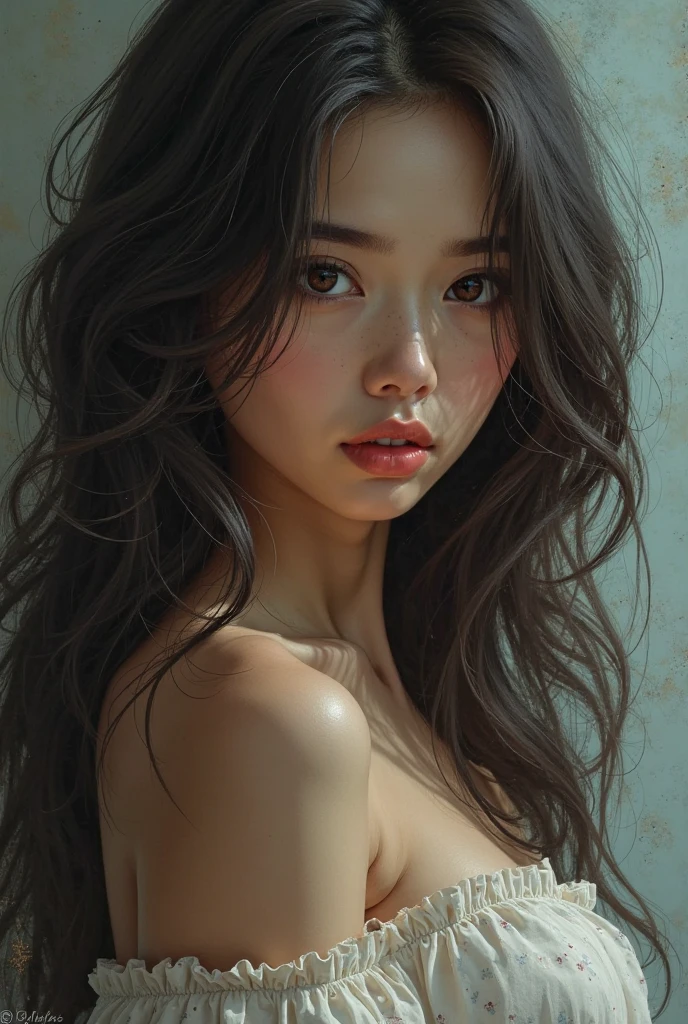 A delicate, 3D water color paint shows a full body naked beautiful Thai woman, her features rendered in subtle shading and precise lines. The framing is focusing attention on the subject's sweet face, very big eyes, very high nose, thick and long eyebrow, thin and wide lips, sexy look. Soft, feathery strokes convey the gentle texture of her long hair, small and firm breasts, bare foot, large pussy,
