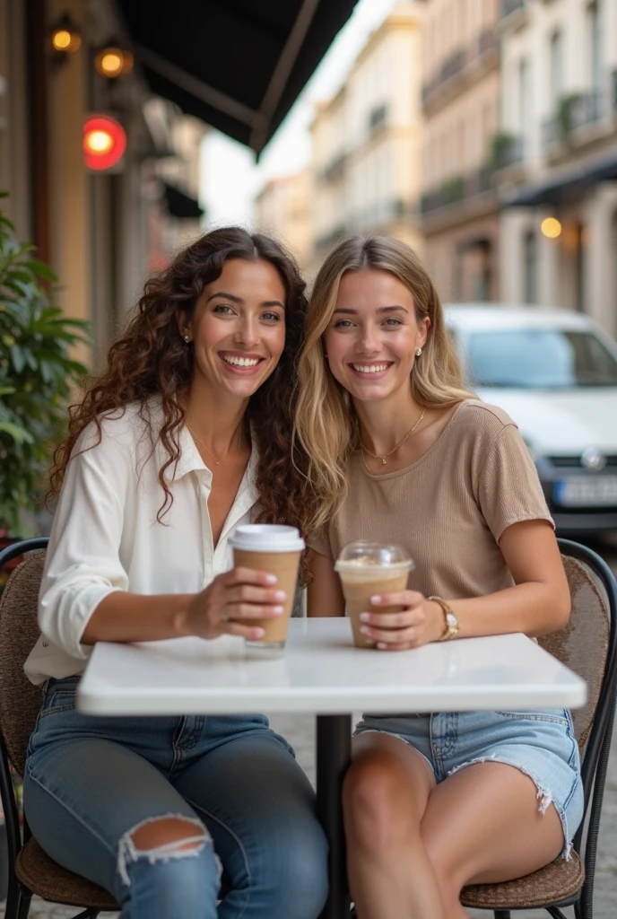 In an endearing close-up photograph, two close young european woman, with radiant smiles and sparkling eyes, sitting in a cafe and looking directly at the viewer. The genuine bond between them is evident in their warm expressions. The background, beautifully blurred through a high depth of field, accentuates the focus on their heartfelt connection. Captured in a Photographic style with a 50mm prime lens, ensuring exquisite facial details and a natural perspective that brings out the authenticity of their friendship.