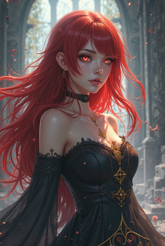 a beautiful detailed anime girl with orange eyes and long curly red hair, intricate demonic outfit with Victorian-style blouse, summoning demonic entities, highly detailed, masterpiece, 8k, photorealistic, dramatic lighting, moody atmosphere, fantasy art