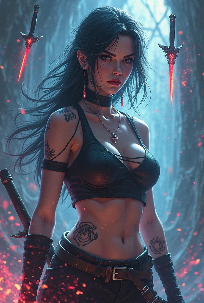 (lente ojo de pez), (((Hombre musculoso con cara de calavera y ojos rojos iluminados ropa de cuero blanco ajustado de pie frente a un portal a otro mundo))), cuerpo completo, Tight alien clothing, espada, Magic Bacchus, Dark background of the cave with fireflies, agua en el piso azulado, cara calaverica con ojos rojos iluminados, cuerpo musculoso, View of the viewer from behind