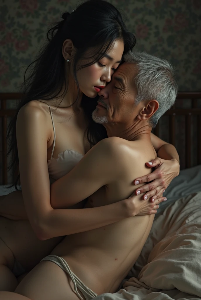 ( Photo realism1.5) Photo realistic of super beautiful young south korean woman,1,Black long hair,Lying naked on the double bed after having sex,No makeup,without make-up,She was only covered with a quilt, revealing part of her large breasts.,Dark Room,Faint light,Old room,There seems to be an elderly, naked, dark-skinned, white-haired Africa male beside the bed hugging,grabing breast, and caressing the woman..