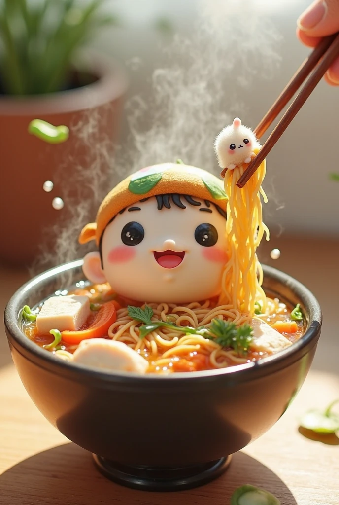 A young Chinese boy with black hair eating rice, cute product illustration, 8k, best quality, photorealistic, detailed face, detailed eyes, detailed nose, detailed mouth, photo-realistic, sharp focus, vivid colors, warm lighting, intricate details, soft shadows, natural environment, natural lighting, cozy interior, wooden table