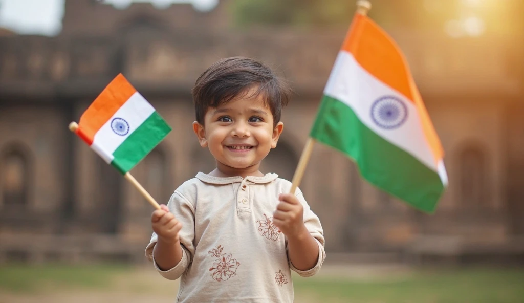 A real 23 years old boy, Wearing Orange T shirt blue jeans sneakers and the name “Rupesh” is written on his t-shirt and the boy is standing on the road with holding a national flag of India, and behind him is the Red Fort Delhi. And written on sky “Independence Day” Create Realistic image high quality
