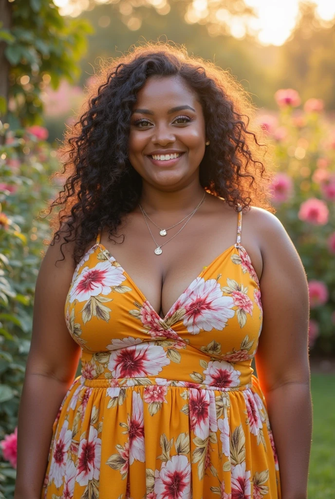 Erstellen Sie eine hyperrealistische, photorealistic photo of 30 year old black woman, Emphasizing her detailed and perfect facial features, hat lange, slightly curly black hair and striking gray-hazel eyes. kleine Nase, kurvig, Very big tits, Brustgröße (Cup size 90K). capturing the essence of her beauty and maturity, characteristic of a 30 year old black MILF. Der Stil sollte hochwertig sein, Kunstrealismus, Jedes Detail wird erfasst, um eine lebensechte und authentische Darstellung zu vermitteln. In einem Park zum Picknicken, wearing a pastel pink polka dot dress, white gloves, und eine Perlenkette. Sie sitzt auf einer Picknickdecke mit einem Weidenkorb, surrounded by green grass and trees.