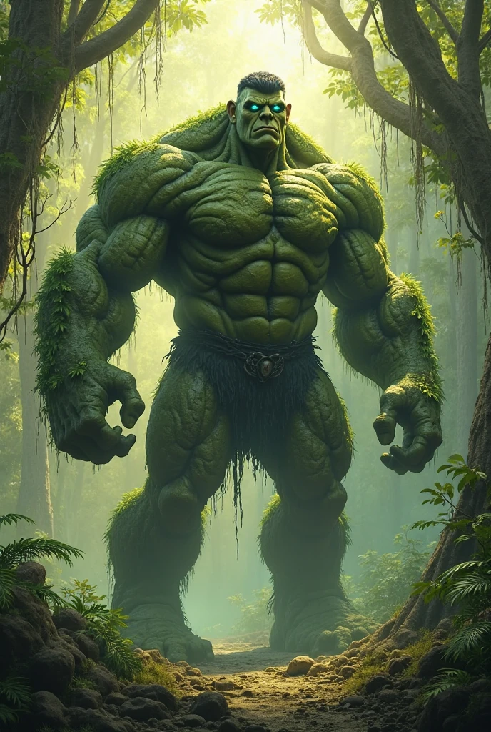 Create a green man, very strong with scar on his face
