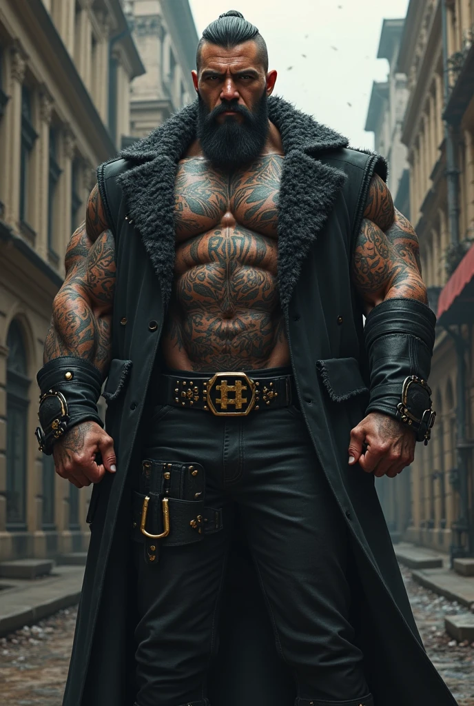 a side view of a muscular man in a long black sleeved leather coat full of metal studs and the massive, tall high collar turned up covering the sides of his face, detailed facial features, extremely detailed muscular physique, chest hair, hairy chest, masculine tattoos, large penis, big cock, massive outline of bulging penis, fierce and intimidating expression, commanding pose, black mohawk, bearded face, clear and sharp lighting, photorealistic, cinematic, hyper-realistic, high quality, 8k, ultra-detailed, physically-based rendering, studio lighting, no pants, no underwear.