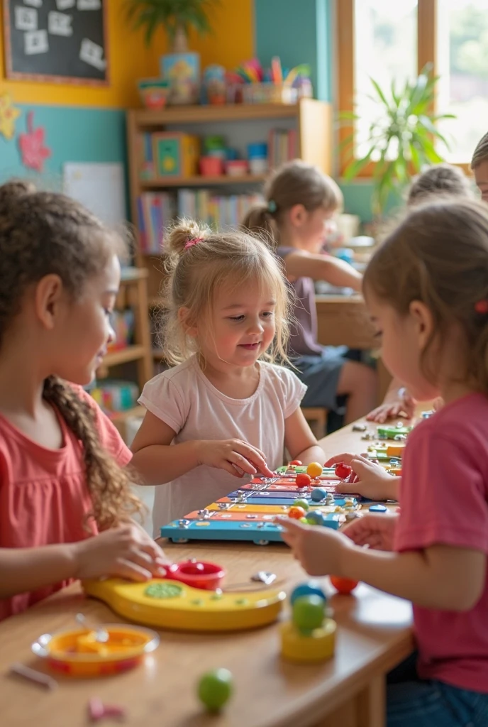 Realistic photo. , blonde, photographed in a playpen. The girl is playing with other children. The photo is taken from a great distance, in a wide shot. The girl doesn't know she's being photographed.