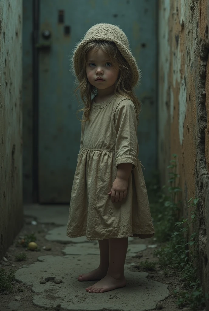 Background: A misty forest shrouded in morning fog.
Character: A young girl (Evelyn) in tattered clothes, walking with a sense of purpose.