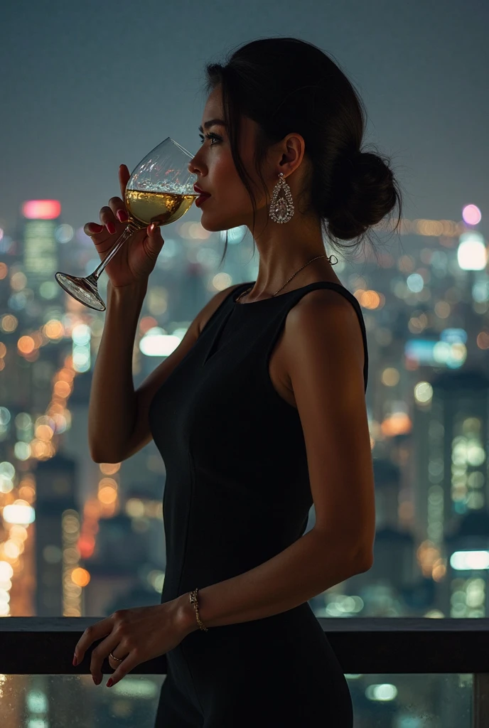 A photo of Jasmine sipping a colorful cocktail at a rooftop bar, overlooking the vibrant city skyline.,original,Jasmine, with her flowing auburn hair and captivating emerald eyes, radiates a magnetic allure, her appearance striking a perfect balance between glamorous and approachable. Her figure, a mesmerizing blend of fitness and natural curves, is often adorned in high-end yet tasteful attire, reflecting her luxurious lifestyle funded by her success., female