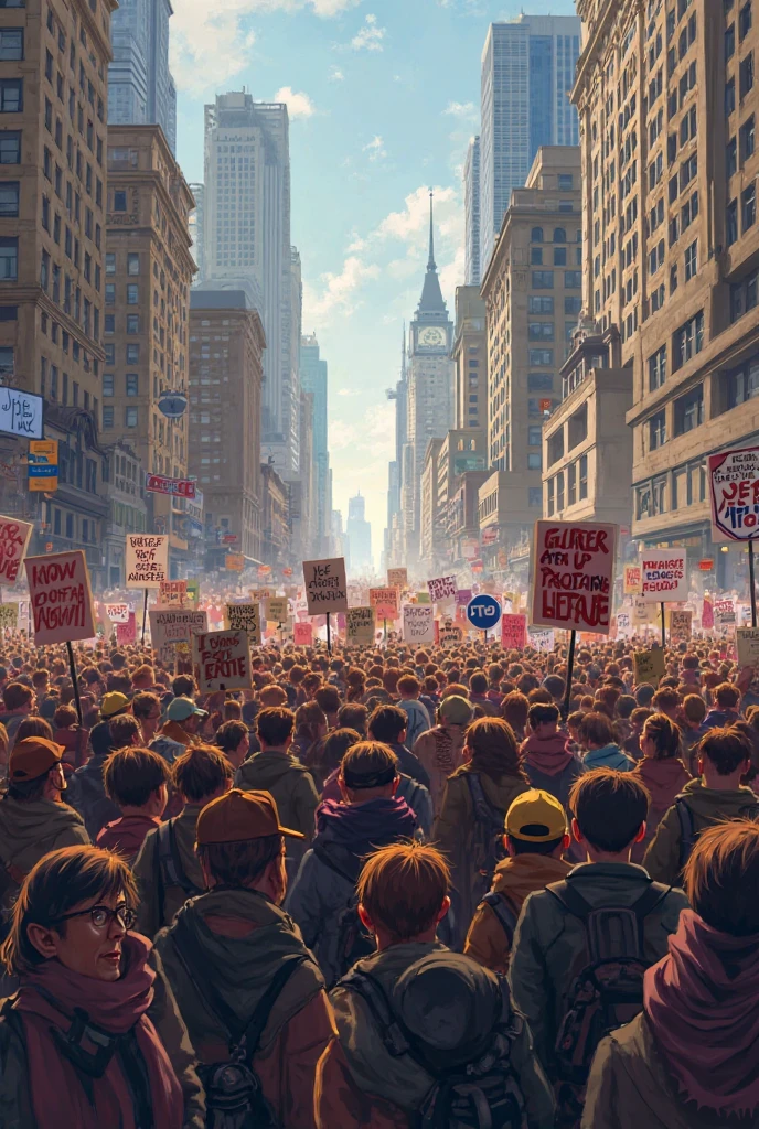 Create a scene showing families asking for justice in the streets of USA in the 1970s