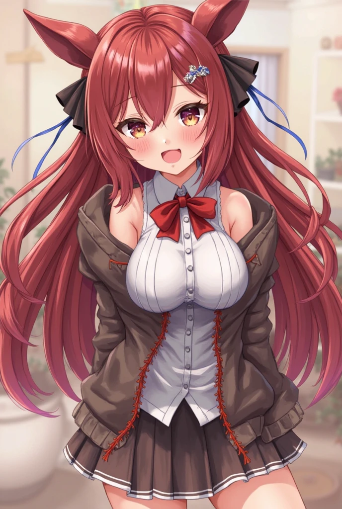 (((Spread your legs)))、Uniform Blazer、Beautiful beauty、Long red hair、((whole body))、(((Photo taken from below)))、school gate、Big Breastini skirt、panties are purple lace、Japanese、tall、Twin tail hairstyle、18-year-old