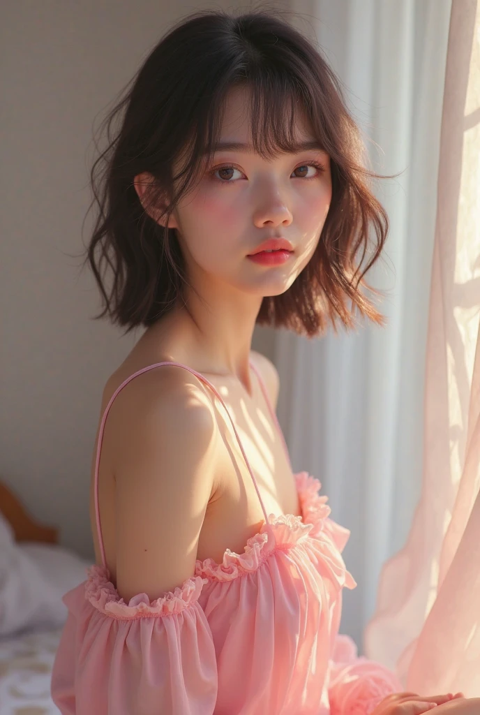 Thin-strap camisole, hot pants, pink thin clothes, slimming look, short curly black hair, detailed eyes, detailed face, detailed skin, sidelong glance, narrow eyes, gentle expression, casual background, mole under eye,