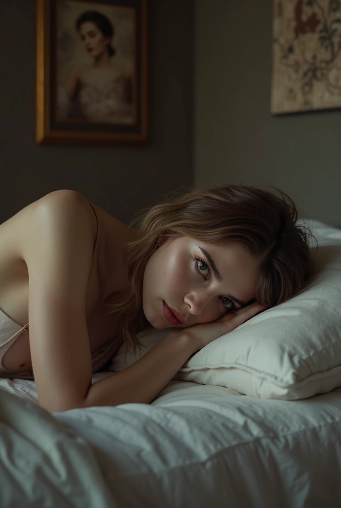 Princess, on bed, eighteen years old, blue eyes, naked, small breasts, nude, nighttime, night, dark room, four poster bed, Victorian decor, grandfather clock, wooden floorboards, topless, soft nipples, shocked, startled, looking into camera, 