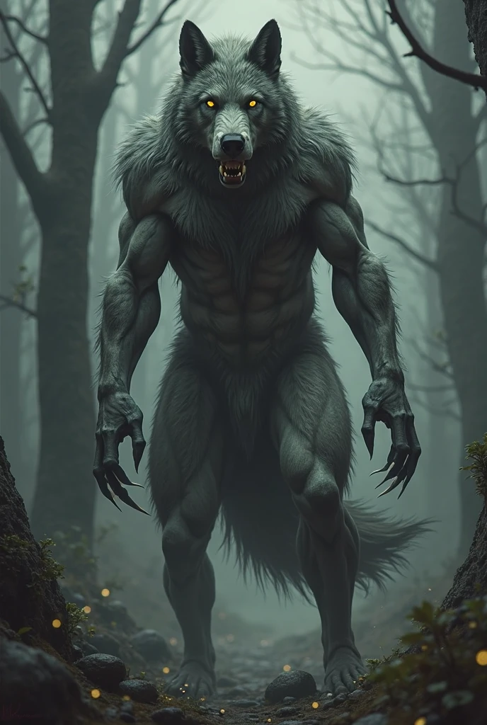 Werewolf: hybrid type between man and wolf, carmine red eyes, jet black fur, tall muscular, alfa, high up, imposing, Dominated