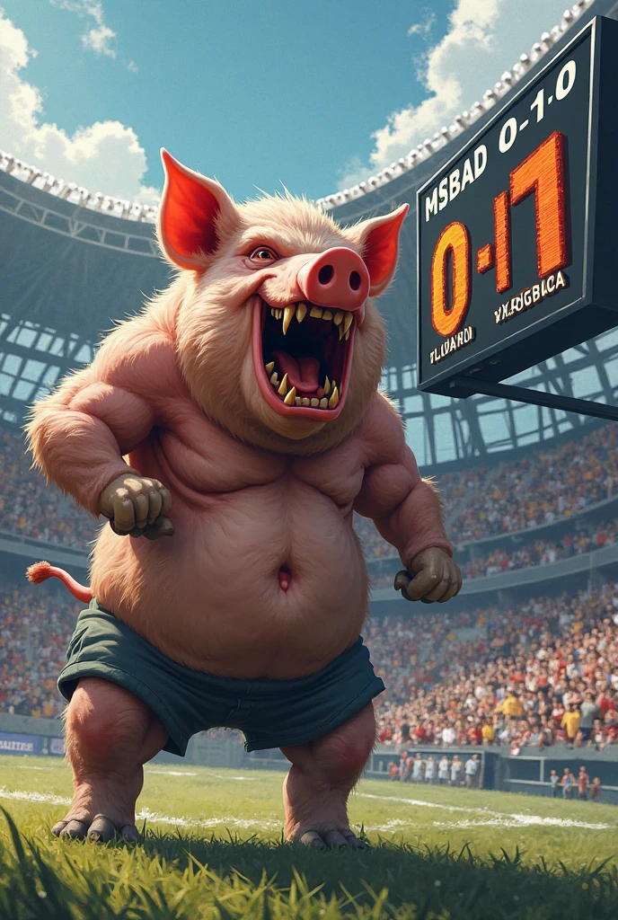 A muscular pig, well-defined gym belly, puffed out chest and shirtless, green rooster tattoo, crossing his arms above his head and pointing the middle finger of both hands, inside a soccer stadium