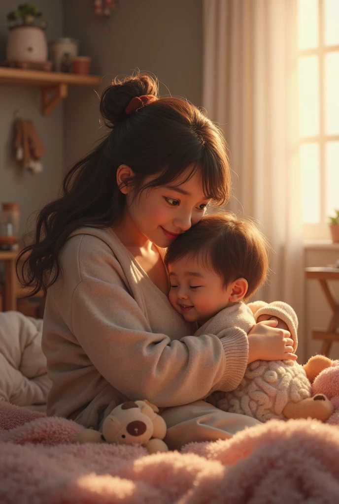 little boy dressed in a animal costume and is sitting on his mom's lap, 1littleboy, mom is seen wearing bedtime shorts, bedroom, night time, beautiful stars, blushed cheeks, brown hair, adorable, cute, wholesome, sleeping, one night lamp emitting light, soft lights, photo realistic, ultra detailed, 1mom, 1boy, 1child, 1kid, (best quality, masterpiece,)