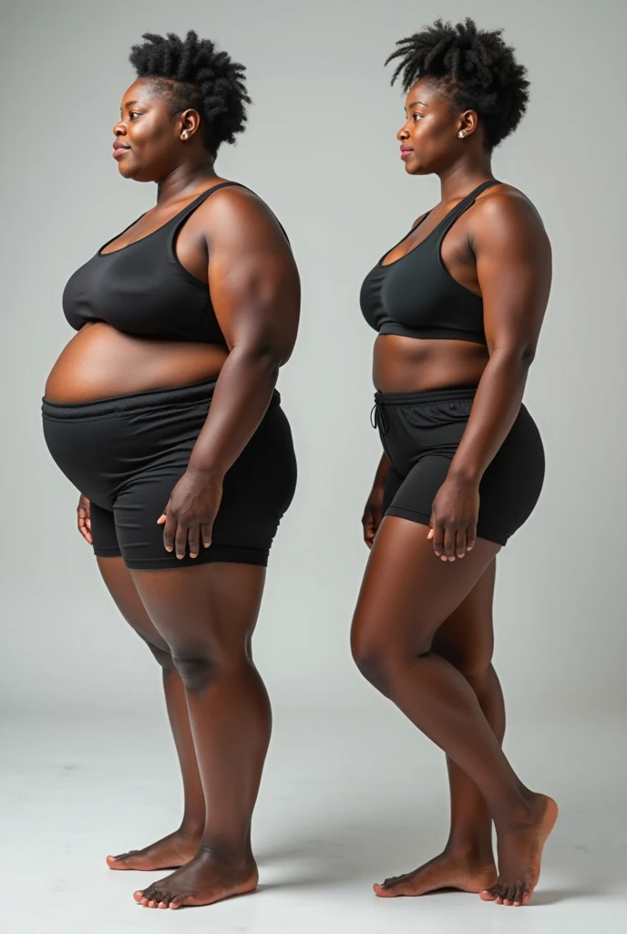 A BLACK Brazilian woman, before and after weight loss, she in fat form, and in athletic form
