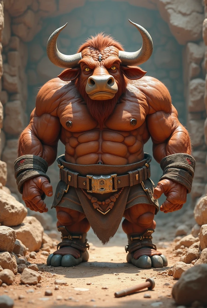 hyper detailed masterpiece, dynamic, awesome quality, claysculpt  minotaur, mythical fearsome legendary creature, a hybrid of humanoid and bull, humanoid upper body, bull head, muscular powerful physique, large curved horns, strong imposing stature, bull tail, bull hind legs, fur covered hide like skin, broken,vertical ascents,responsive,distressed ,     <lora:Claysculpt_v1_R64:1>