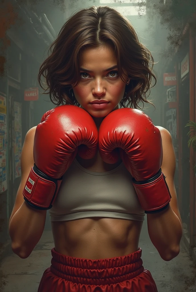 A female Xenomorph-like alien boxer with a large chest, wearing a leather tube top with large, soft red boxing gloves and Muay Thai pants.