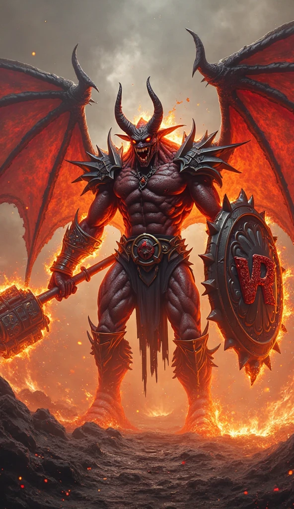zavy-dmnc, Full-body image of a towering demon lord, clad in obsidian plate armor with veins of molten lava coursing through the gaps. His face is a blend of beast and man, with massive, curling horns and sharp fangs, his eyes glowing with molten gold. His massive, spiked axe is raised above his head as flames swirl around him, casting him in a hellish glow. Black wings stretch out from his back, tattered and singed, as he stands atop a throne of bones and fire, overlooking a vast, burning wasteland