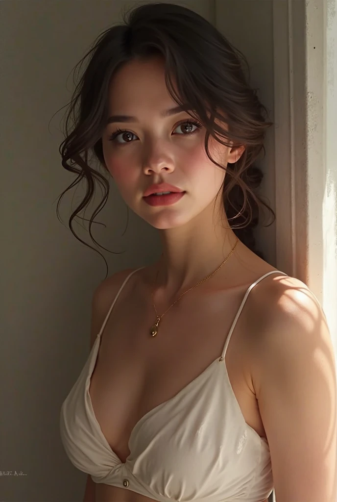 (best quality,4k,highres,masterpiece:1.2),ultra-detailed,realistic portraits,beautiful detailed eyes,beautiful detailed lips,extremely detailed eyes and face,long eyelashes,soft lighting,portrait painting,rich color palette,studio lighting,subtle shadows,impeccable skin texture,vivid expression,emotional depth,creative composition,masterful brushwork,subtle color grading,warm color tones,gentle background,painted background,artistic flair,stylish pose,+1girl,delicate features,fine art quality,painterly quality,detailed clothing texture,graceful posture,attractive appearance,impressive artwork,professional portrait,meticulous attention to detail,life-like rendering,classic fine art,harmonious color scheme,sophisticated lighting,exquisite craftsmanship,lifelike skin tones,classic beauty