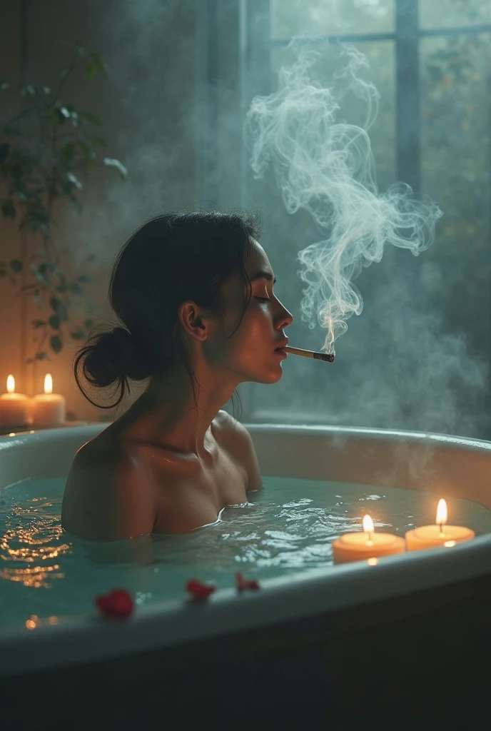 Woman in lingerie inside the bathtub smoking and with smeared mascara as if she were crying