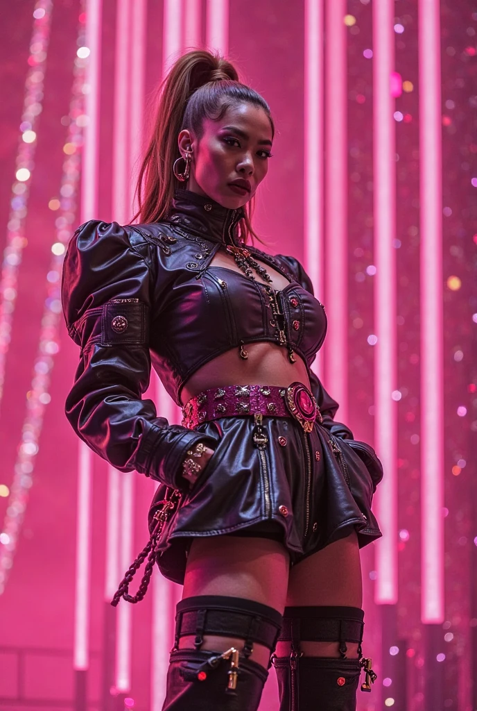 highest quality、surreal、perfect anatomy、Wet and shiny white skin、model body shape、Sweat dripping all over the body、Super small face、Ahegao、Cyberpunk City、Black urban techwear、Pink, silver and golden hair、Black micro bikini、Neon lights、tattoo、