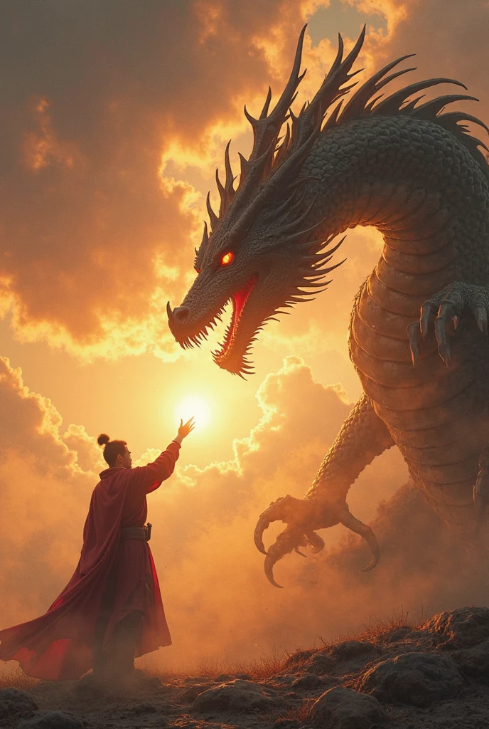 The battle of Buddha and dragon（fo：1.3）,a cassock,Dharma,Like the palm of the Buddha,The Chinese White Divine Dragon soared into the air，（Buddha manipulates dragons：1.3），（Buddha turned his back to the camera：1.3），Sky clouds surround the surroundings，Light magic，Fantastic background，Meaning background，Ridiculous background，There are artistic overlays，multicolored hair, surrealism, Cinematic lighting, Ray tracing, god light, speed-line, angle of view, hyper HD, Masterpiece, Best quality, Super detail, A high resolution, High quality，（Far view：1.3）