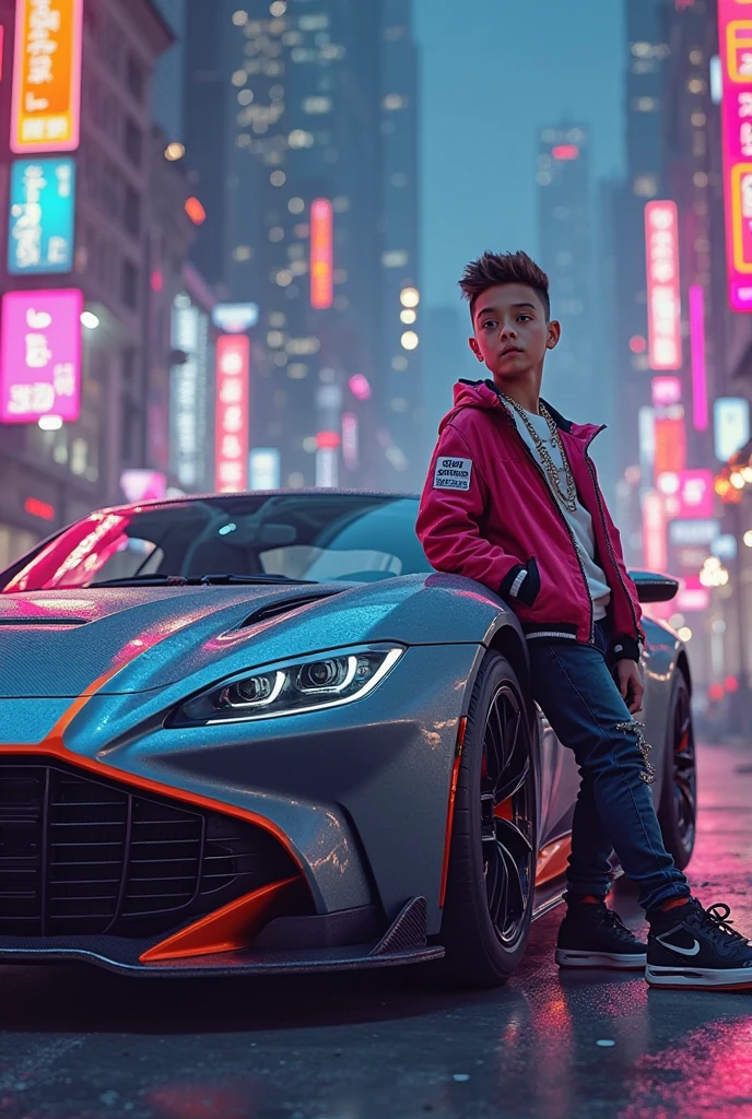 Create a stunning full HD wallpaper for Instagram featuring a young boy standing confidently beside a sleek, high-end supercar. The scene should be vibrant and dynamic, with the car showcasing its glossy, futuristic design. The boy should be styled casually yet stylishly, complementing the car's luxury without overshadowing it. Ensure the background is clean and modern, possibly a cityscape or an open road, enhancing the overall high-definition, high-energy feel of the image. Add a touch of dramatic lighting to make the supercar and the boy stand out vividly.