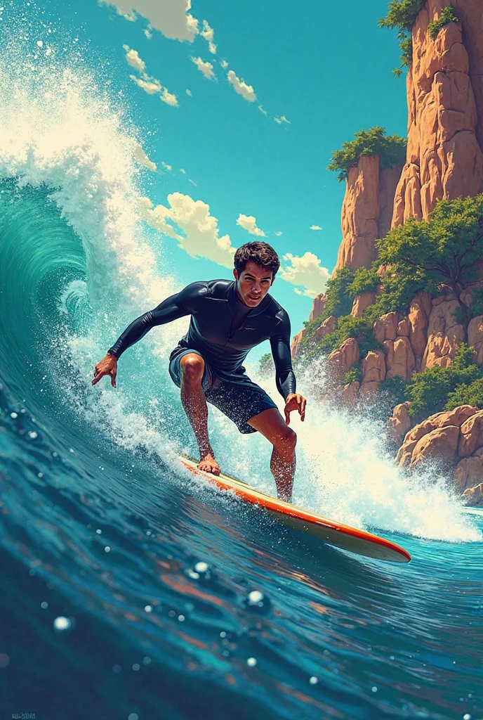 Psychedelic surfer in the forest on LSD trip