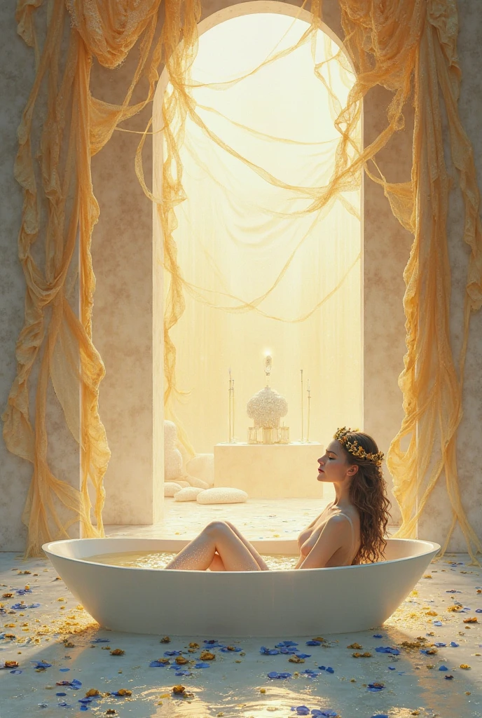 Naked Silver Queen, beautiful face, sitting on the royal Silver throne, in interior hall of an enchanting ancient Silver Indian royal palace, adorned in an exquisite Silver jewellery dress, Walls decorated with by a Royal Interior relief sculptures of kamasutra, emitting an alluring and magical aura, high quality, high detailed face. High detailed face.
