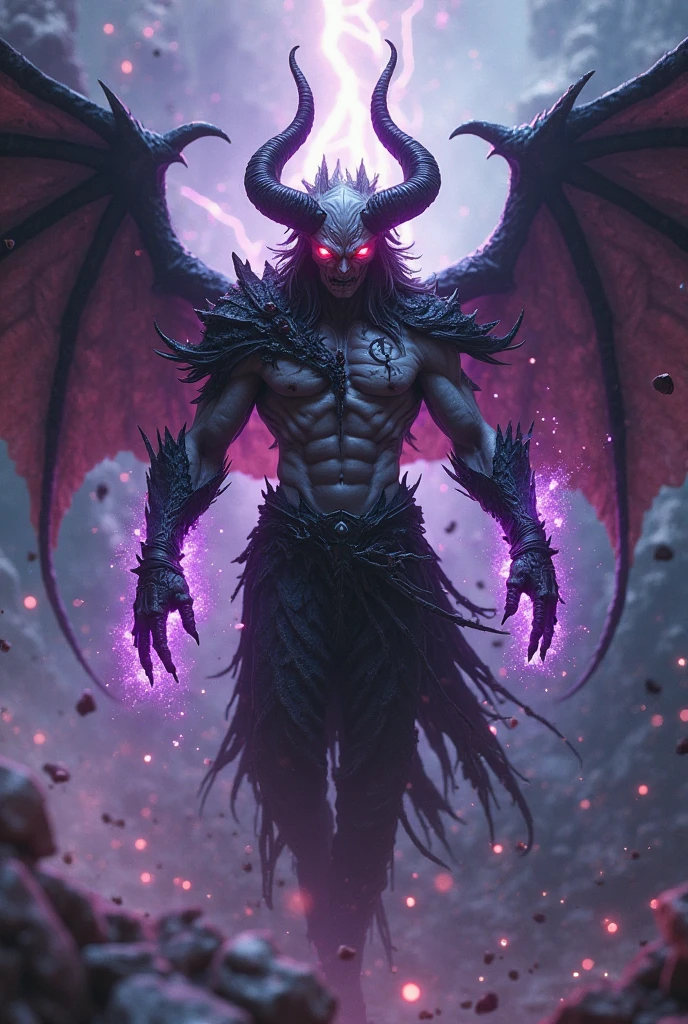 a 3 meter tall gray-skinned demon with broken angel wings, white eyes and a charming smile, long semi-wavy black hair tied up in a bun, nude, hyper realistic, ultra-detailed, 8K, cinematic lighting, dark fantasy, dramatic composition, moody atmosphere, dramatic chiaroscuro lighting, muted color palette