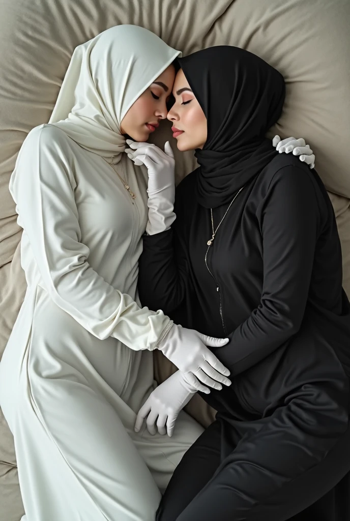 2 beautiful,thin,most pretty and clever Asian muslimah women with beautiful cheeks wear plains zebra print lycra footed turtleneck unitard catsuit covered with stripes and plains zebra print lycra elastane stretchy dancewear hood hijab covered with stripes.They are sleeping on the mattress