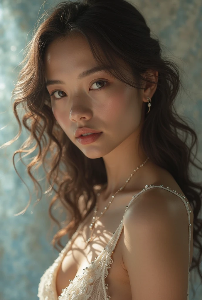 photorealistic, masterpiece, best quality,  solo, long hair, brown hair, detailed face, collared shirt, medium breasts, dynamic pose, looking at viewer, from below, detailed background, fine detailed, depth of field, A strikingly beautiful 24-year-old girl with stunning features, captured in exquisite detail with an 8k resolution. short hair frames her delicate face, revealing her highly detailed glossy eyes with double eyelids. Her skin is pale, smooth, and clean. The ornate embroidery patterns on the vest add a touch of elegance to her slender figure, emphasized by nicely shaped hands. allowing every intricate detail of the girl's features and attire to stand out. She is laying on a bed with pillows, her head propped up on one as she gazes directly at the camera with a seductive smile, glossy lips parted slightly, expressive eyes shining bright. focus is sharp, enhancing the realism of the image, gorgeous figure and enchanting presence to its fullest extent, perfect detailed face, full glossy lips, detailed eyes, detailed nose, detailed teeth. [The character (complete) is surrounded by mist, evoking a mysterious and eerie atmosphere. The lighting is dark and atmospheric, with smoke adding a touch of sinister ambiance. Best quality image, with a resolution of 4k and HDR enhancement, showcasing the utmost level of detail and realism, full body shot:1.5]. [8K, Best Quality, Ultra High Resolution, (highly detailed CG unity 8k wallpaper), (best photo), (best shadows), isometric 3D, octane rendering, ray tracing, highly detailed, (Best quality, 4K, 8k:1.2), absurdity, ultra detailed, (realistic, photorealistic, photorealistic:1.37), complex parts, HDR, (complex parts:1.12), (hyper detailed, hyper realistic, Soft lighting, spicy:1.2), (complex parts, Hyper detailed:1.15). Blurred foreground. (backlit), masterpiece, high quality, brightness, chromatic aberration, 8k uhd, foggy smoke, shadows, ontrast, clear sky, (warm hue, warm tone), high details, natural reflections].