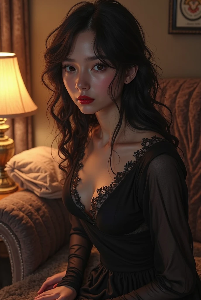 Best quality, masterpiece, ultra high res, (photorealistic:1.4), raw photo, 1girl, ((black lace nightgown)), ((small breast)), cold light
