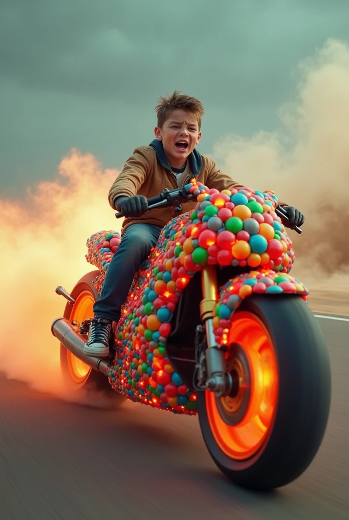 (extreme long shot front view:1.1) a young boy with wispy long hair flying in the wind, (angry screaming:1.8)( skin covered with black paint and motor oil:1.1) in "Mad Max" wold riding in a (colorful:1.5) (dirty fisher price toy car:1.3) driving down the desert road, abandoned buses and cars on the side of the road, on fire, explosions. Orange sky, dusty, late afternoon. cinematic photo, 85mm f/11 photograph, film, bokeh, professional, 4k, highly detailed
