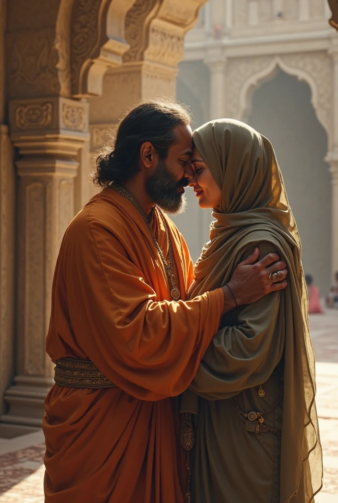 3D wallpaper of a handsome young Arab wearing a turban on his head appearing to be talking to his elderly mother and wearing a headscarf