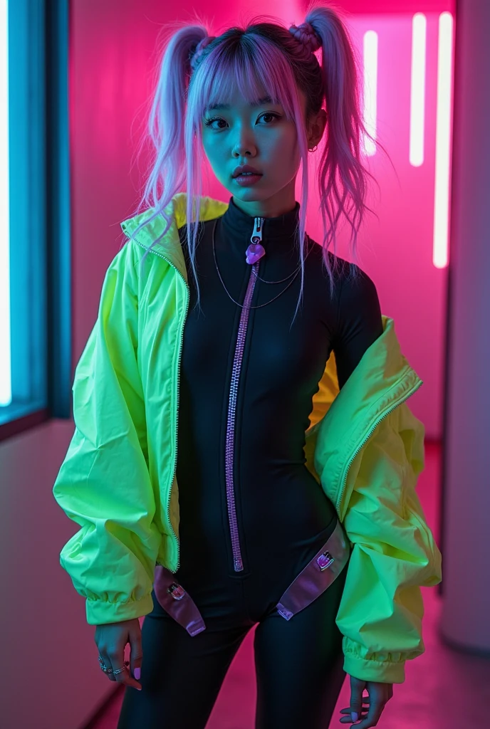 gyaru, dark-skinned, (shiny oiled skin:1.2), blond hair, Wearing neon pink color jacket, wearing thong, in shibuya city, thick fog, sony a7, film grain, dark night, Photorealistic, one-point perspective, 32K, diffuse reflection, colorful shiny particles, Lens Flare, soft lighting