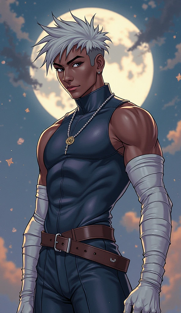 A young man with long white dreadlocks, dark skin, a melancholic expression, drooping eyelids and eyebrows, a lean face, a thin yet sturdy build, a tattered and ill-fitting light blue fantasy-style adventurer's shirt with short sleeves, revealing his abs, a silver breastplate on his left chest, a large sword is strapped to his back, a yellow belt, white coarse cloth trousers, stands nervously in a fantasy-style western town, this character embodies a finely crafted fantasy-style adventurer in anime style, exquisite and mature manga art style, dramatic, high definition, best quality, highres, ultra-detailed, ultra-fine painting, extremely delicate, professional, perfect body proportions, golden ratio, anatomically correct, symmetrical face, extremely detailed eyes and face, high quality eyes, creativity, RAW photo, UHD, 32k, Natural light, cinematic lighting, masterpiece--perfect, masterpiece:1.5