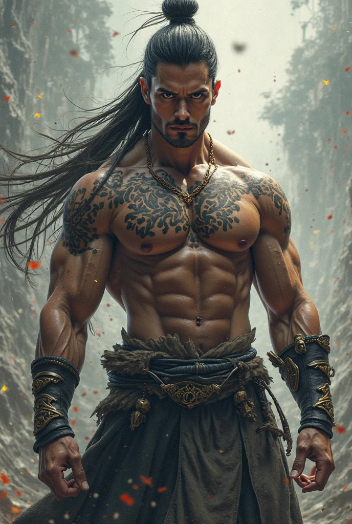 Humans Barbarian, 23 y/or, brown mafia hair, blue eyes with chain blade