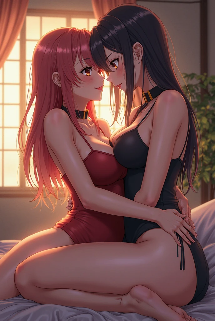 Two woman, hugging, red lingerie, white lingerie, rubbing, looking at camera, ponytail, wolfcut hairstyle