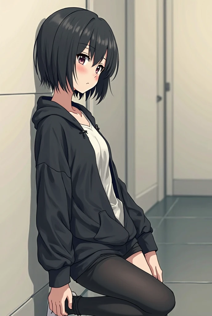 crotchAngle,head out of frame,lower body,have to pee,covering crotch,(((hand between legs))),knees together feet apart, 1 girl, short black hair, small breasts, blush, panic, knee-high socks, jacket, crying, wavy mouce, open mouce, park
