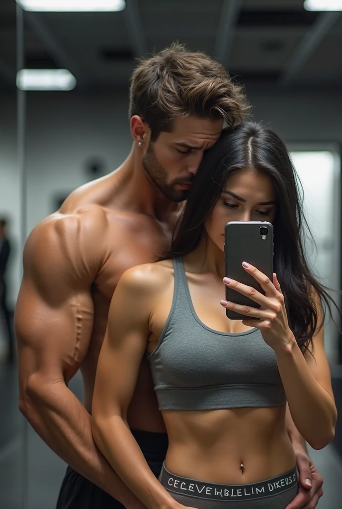 Fitness woman taking a selfie in the gym mirror with her handsome, muscular boyfriend at a gym. The woman is wearing round-framed glasses and tied-up hair, wearing a topper and shorts, highlighting her curves and thick legs., ultra realisitic.