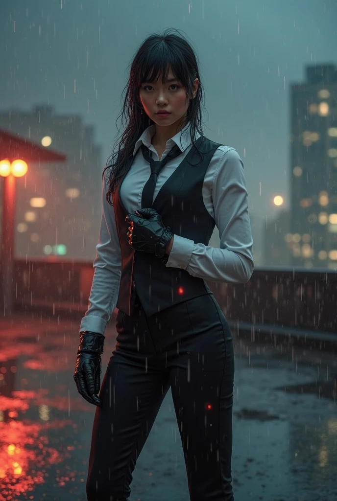 a woman in a suit, belt, hands behind back, sweating, suspenders, black pants, sexly, large breasts, see-through clothing, rain, detective, office worker, white button-up shirt, (best quality,4K,8k,highres,masterpiece:1.2),ultra-detailed,(realistic,photorealistic,photo-realistic:1.37),hyper-detailed,highly detailed face and body, Slender thin suspenders Moderate breasts See-through shirt Nipples holster chain Pistol Armament criminal Female criminal knife