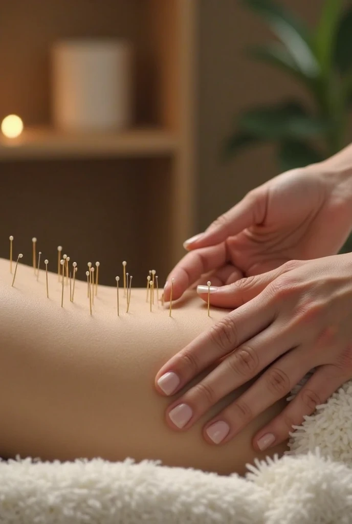 woman undergoing acupuncture with few needles in the "back", HORIZONTAL IMAGE