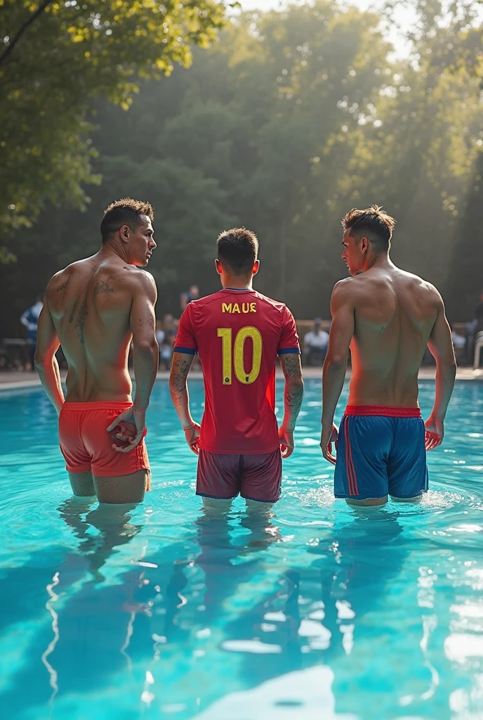 Three mister young handsome white tall beautiful face all of the same height together with paraguay cover on the beach winner of the gold crown with red white blue swimsuit catwalk public applauds him celebrating